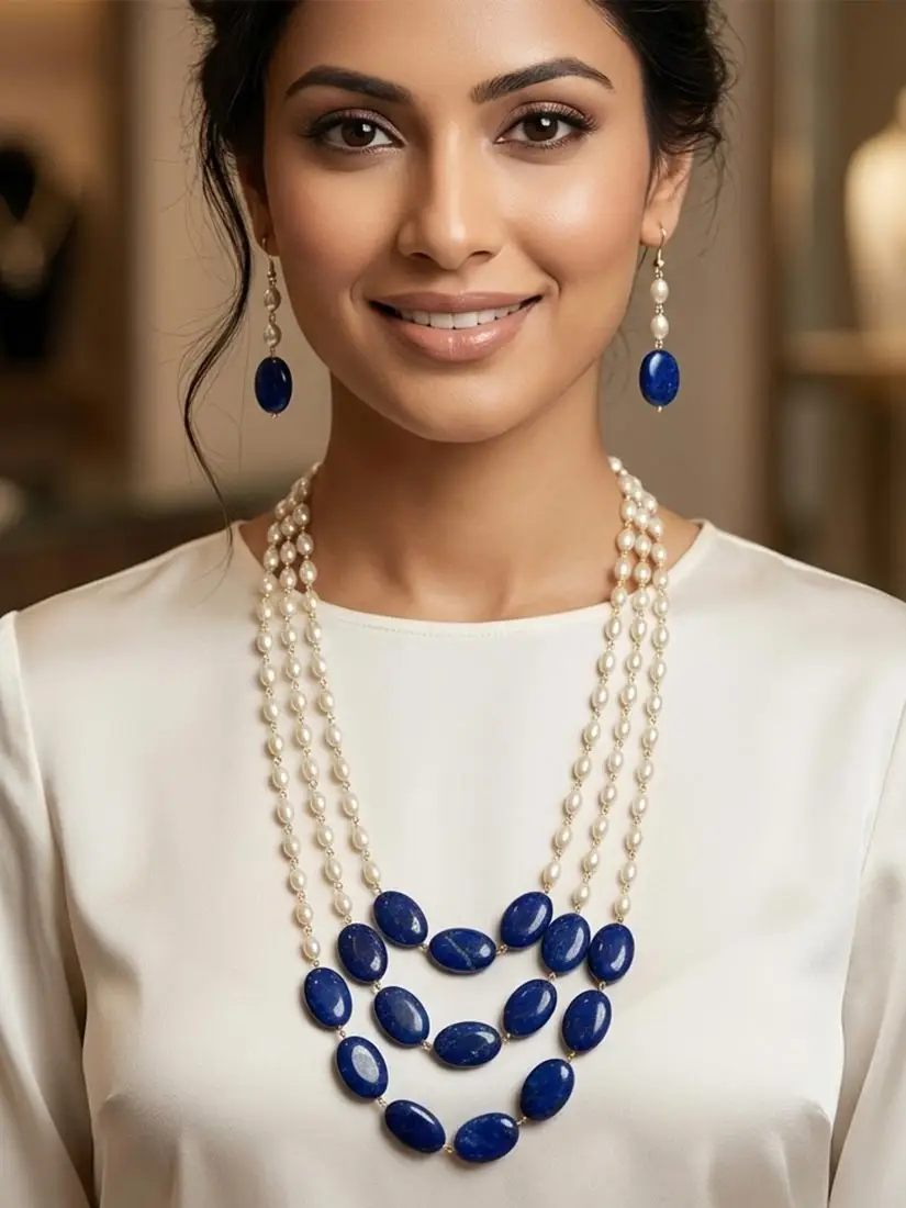 Faux-pearl-necklace-with-blue-onyx-stone-set-on-a-delicate-gold-chain