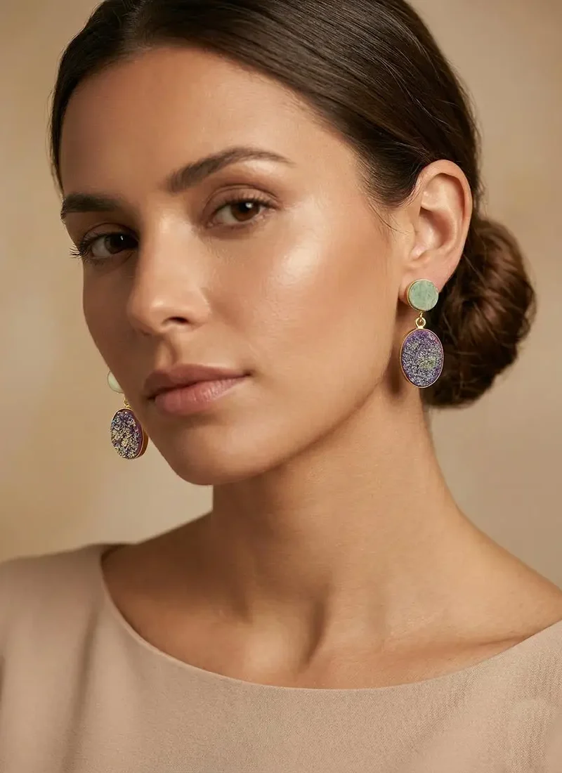 Green aventurine stud with druzy stone hanging earrings on a gold base.