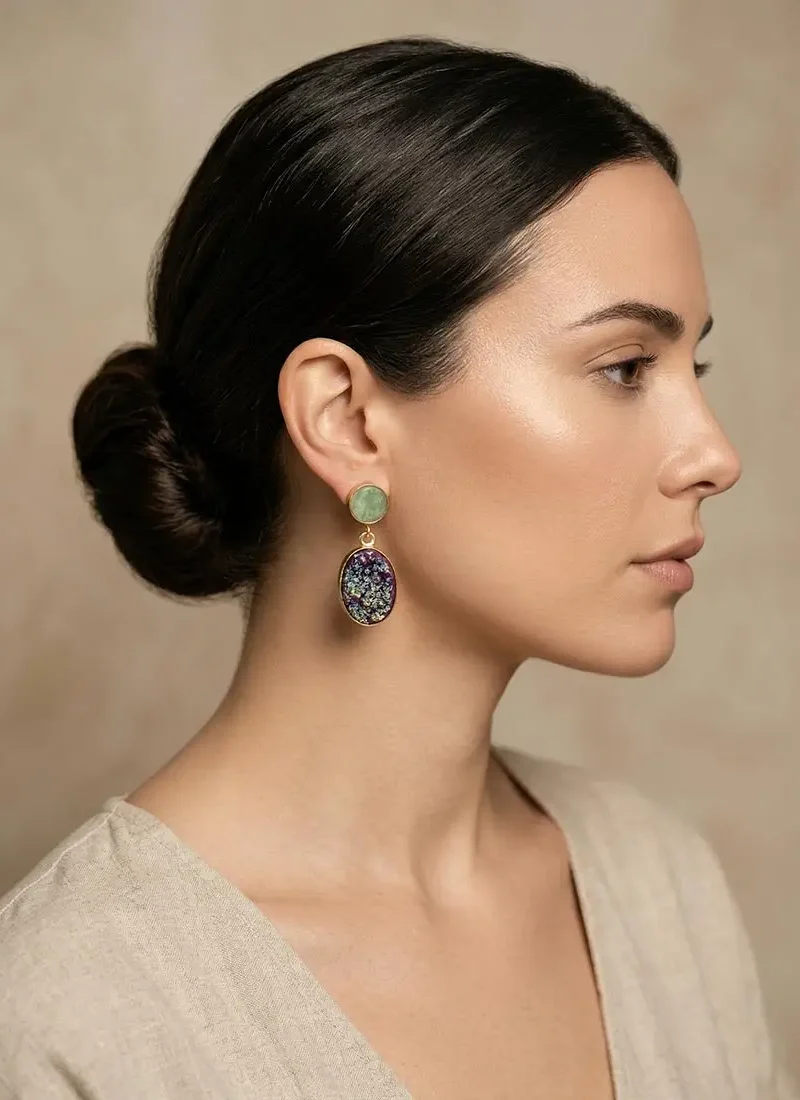 Dark green aventurine stud with druzy stone hanging earrings on a gold base.
