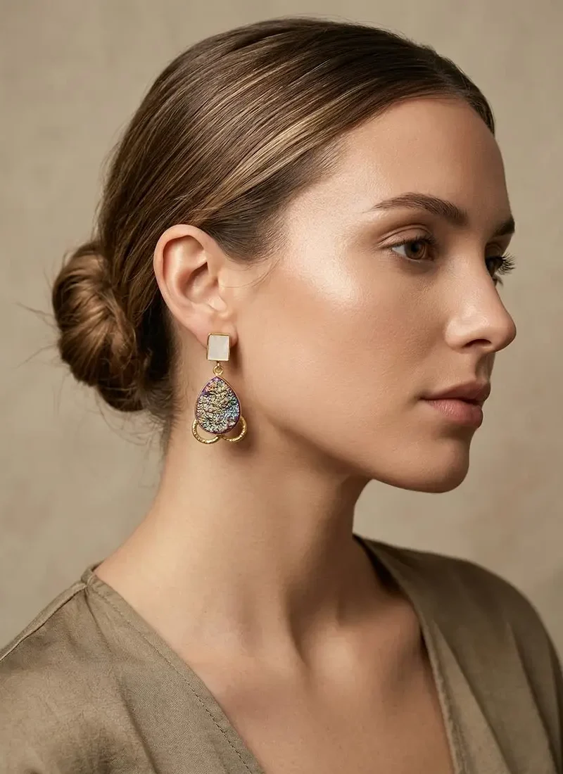 Gold plated Mother of pearl stud with druzy stone hanging earrings