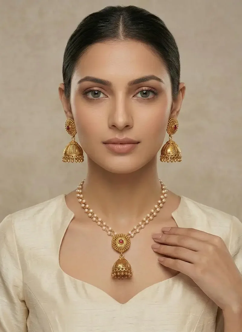 2 Layer shell pearl with jhumka pendant and earring