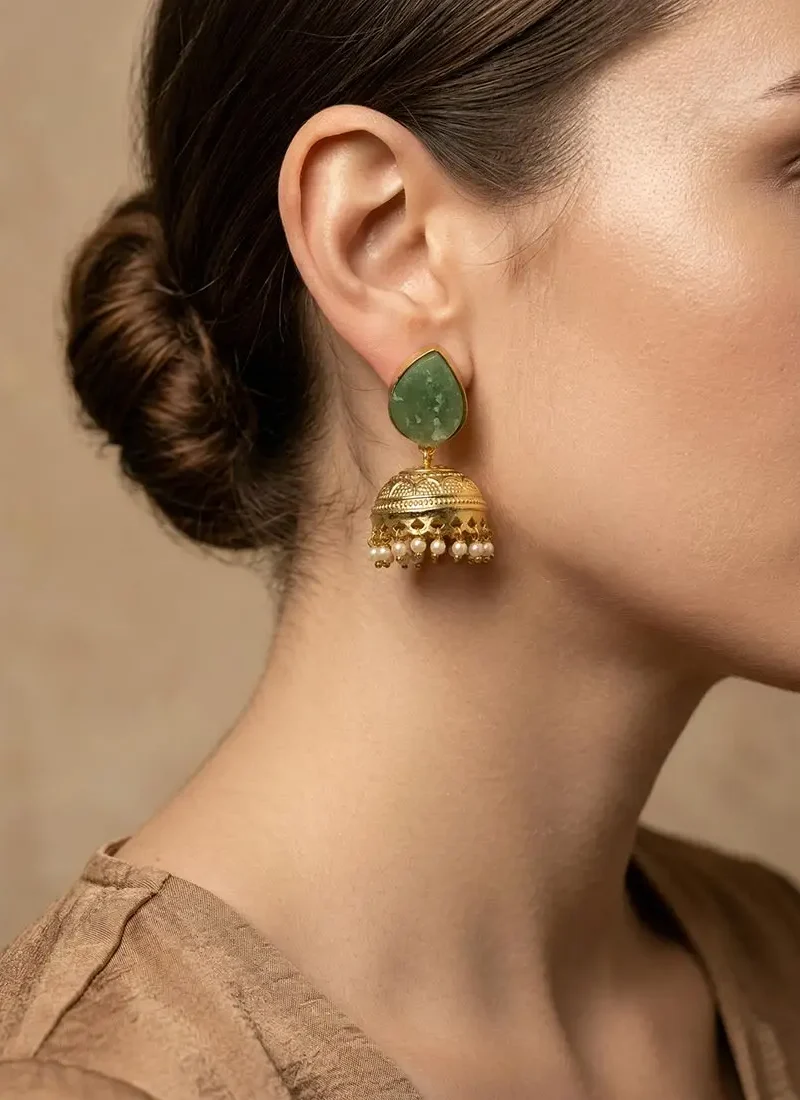 Golden jhumka with raw green aventurine stone