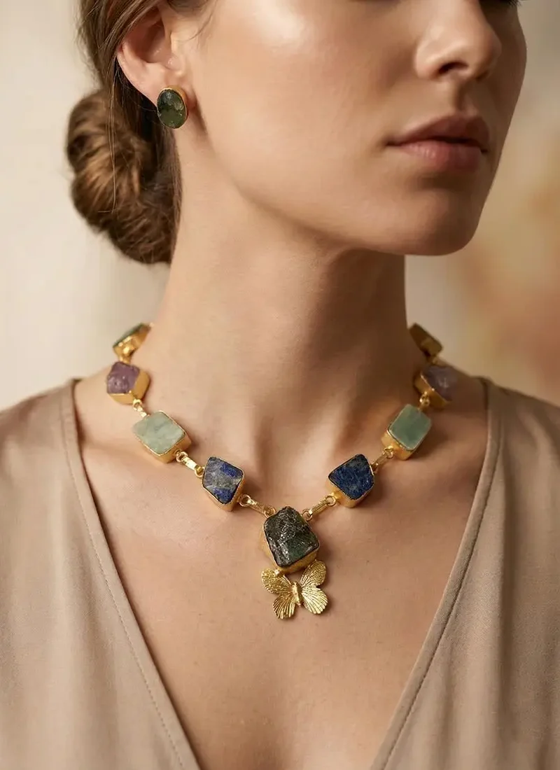 Golden chain embedded with raw multi color agate stones