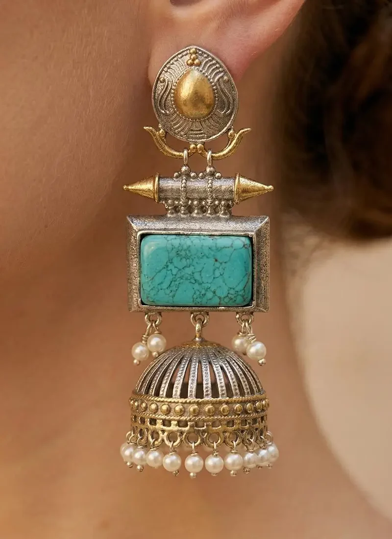 Antique Silver and turquoise onyx stone with pearl danglings