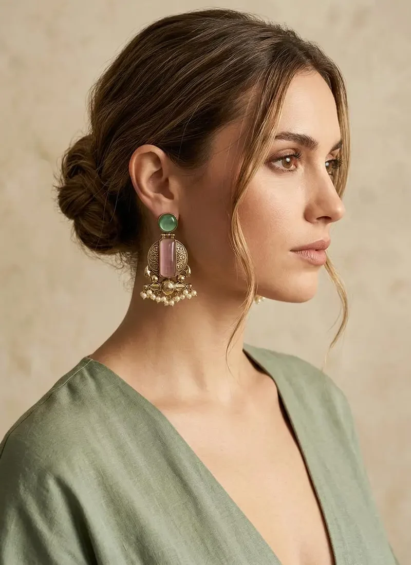 Antique gold earrings with blush pink and mint green Monalisa stones and pearl danglings.