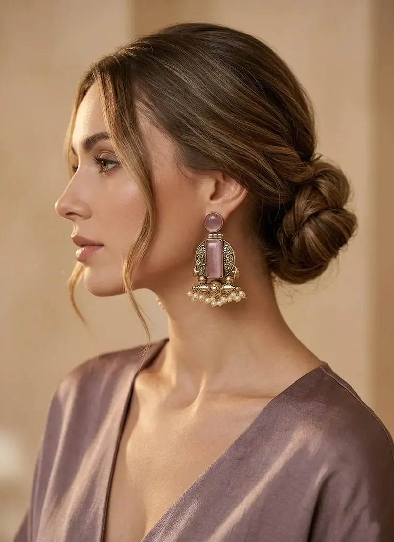 Antique gold earrings with blush pink Monalisa stones and pearl danglings.