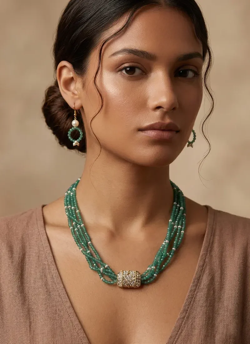 Elegant Five Layer Green Crystal Necklace with Spinel Pendant