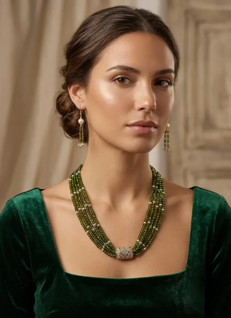 5-Layer Olive Green Crystal Necklace with Spinel Pendant