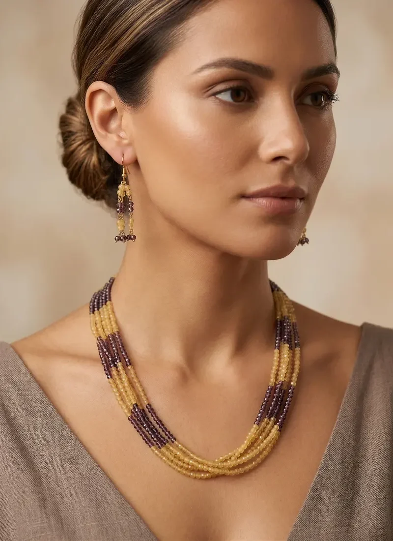 5 layer yellow and mauve color semi precious stones with earrings