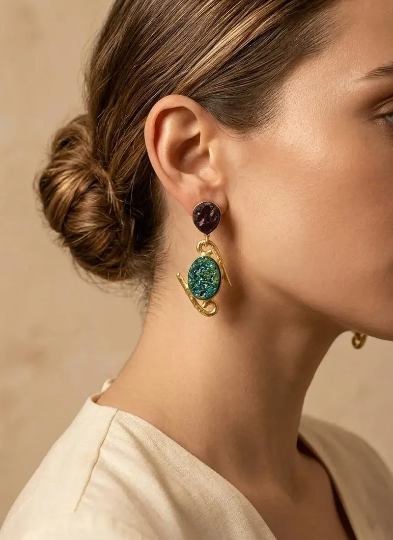 Raw Amethyst stud with druzy stone hanging earrings on a gold base.