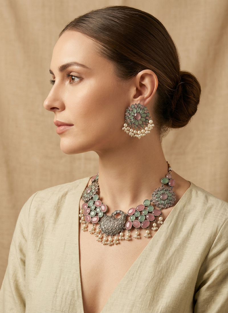 Antique Stone & Agate Necklace with Pearl Dangle paired with matching earrings