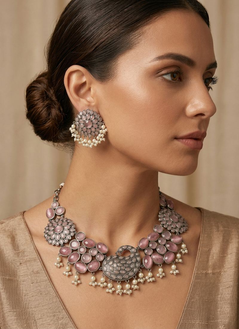 Antique Stone & Agate Necklace with Pearl Dangling paired with matching earrings