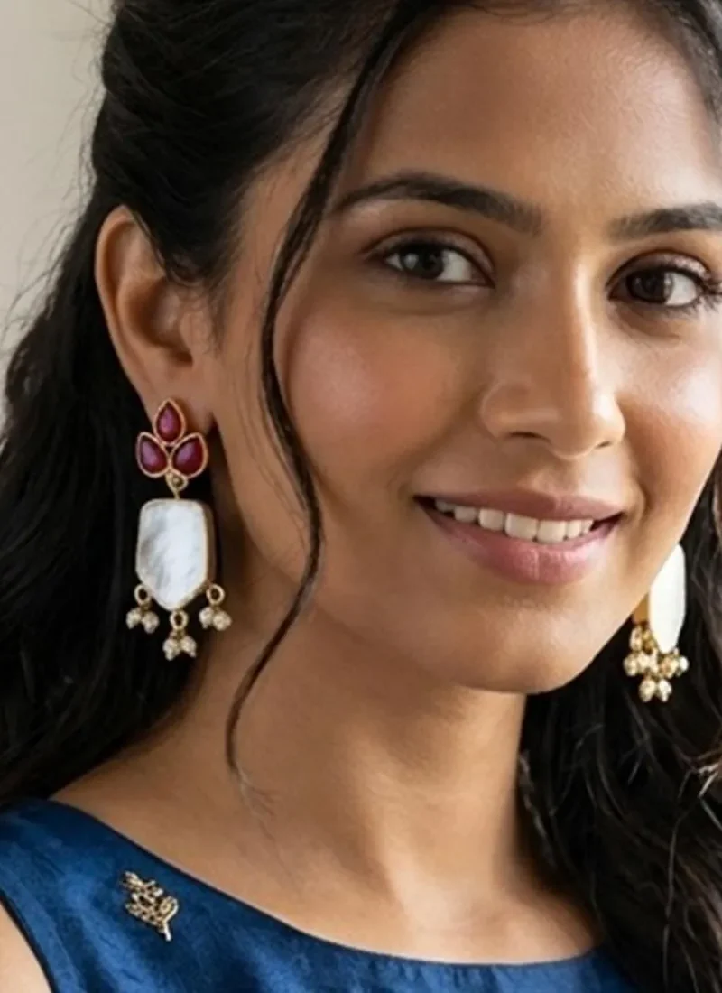 Chic Mother of pearl studs with color semi-precious stones and soft pearl drop detailing