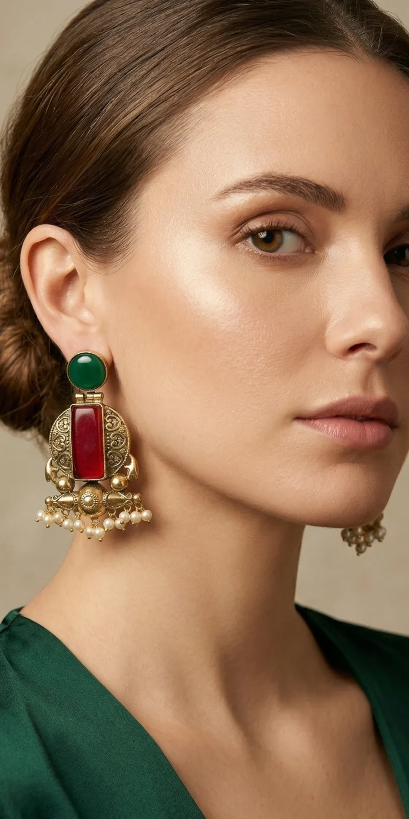 Antique gold earrings with green stud and red Monalisa stones and pearl danglings.