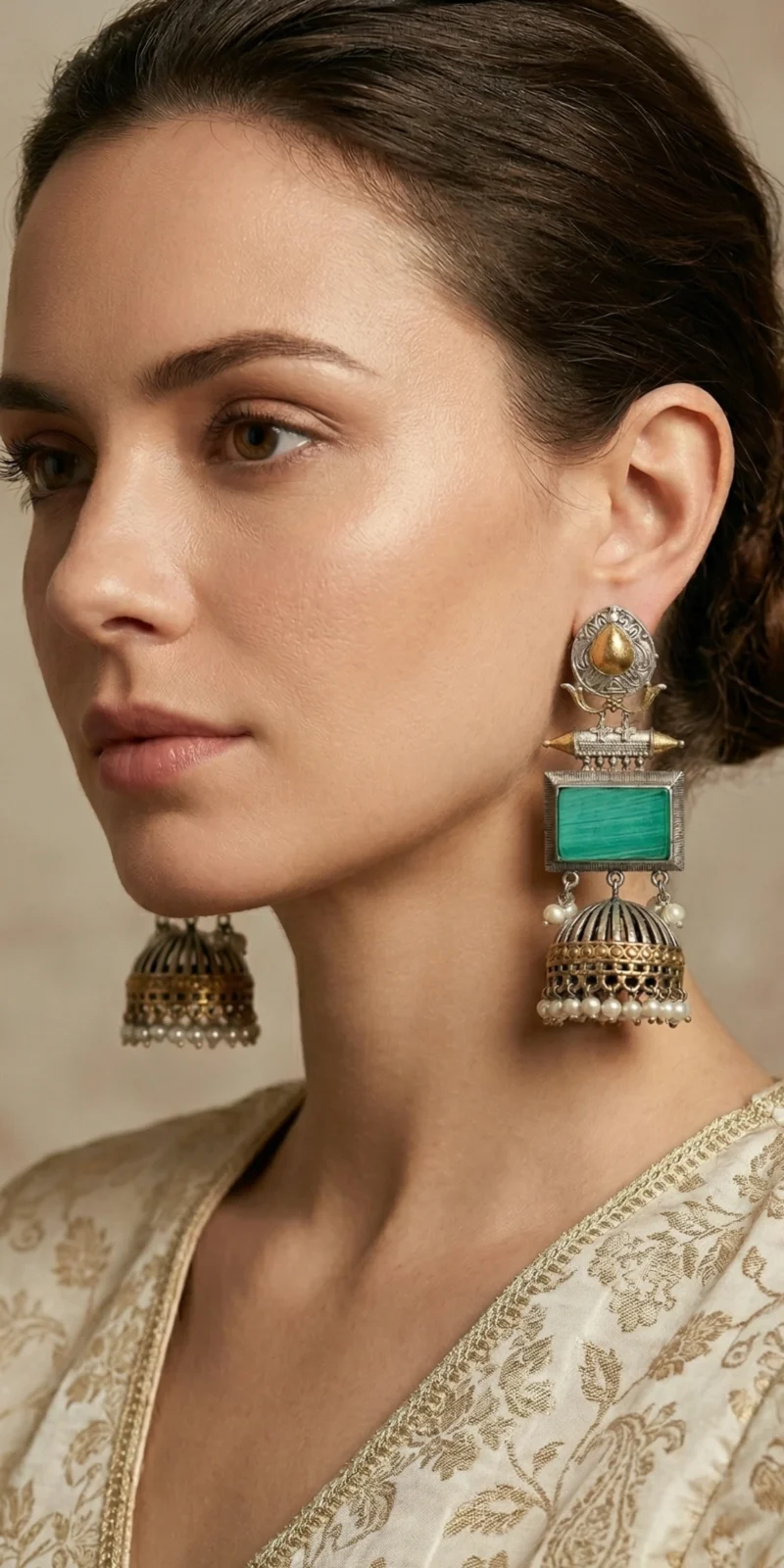 Antique Silver and mint green onyx stone with pearl danglings