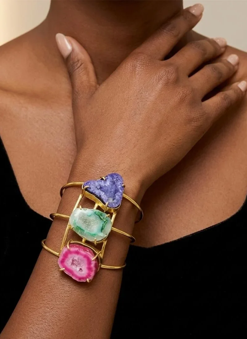 Druzy quartz stone handcuff in gold setting