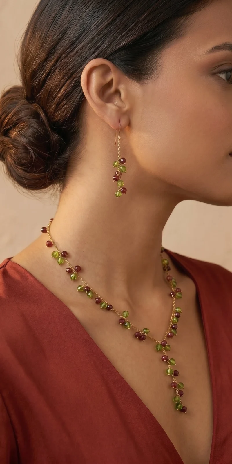 Gold plated chain with red and green color crystals with earrings and bracelet.