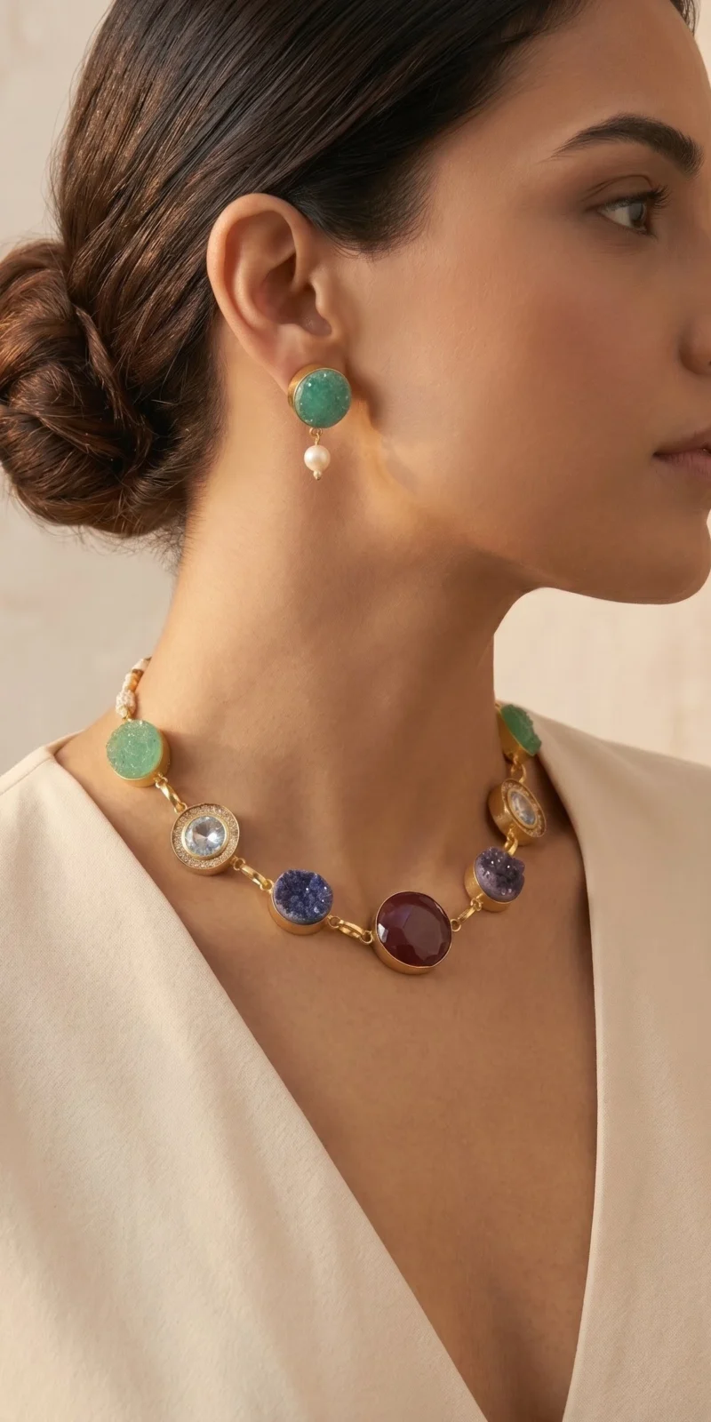 A striking blend of semi-precious red stones, blue and green druzy stones, and shimmering zircon accents, paired with matching earrings.