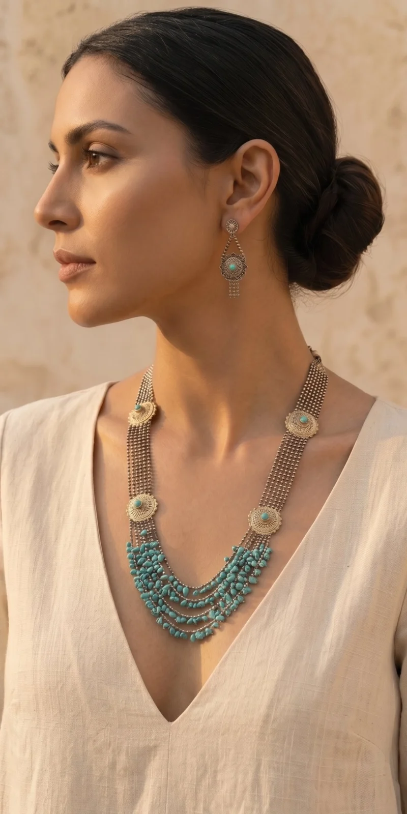 Antique silver statement piece adorned with cascading turquoise drops, paired with elegant matching earrings.