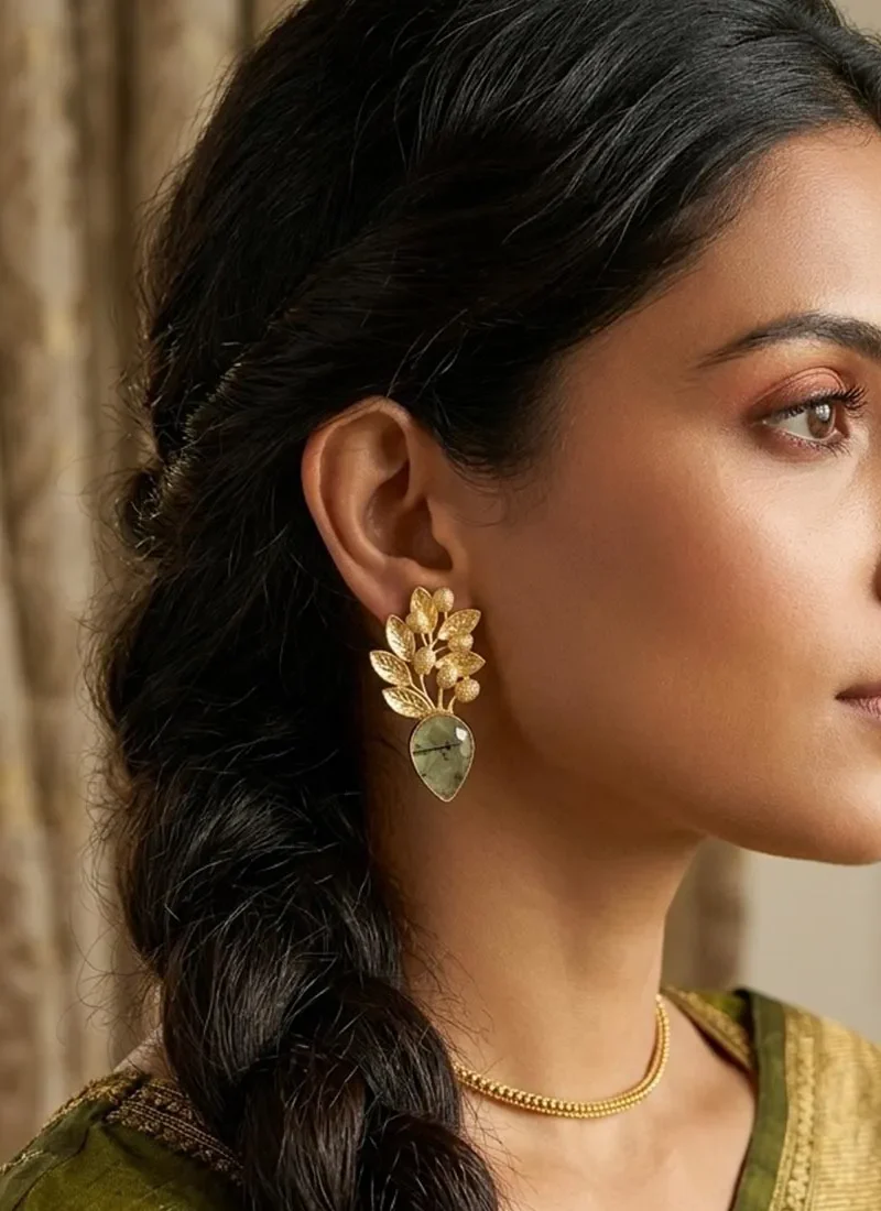 Golden pineapple design earrings with fluorite drops