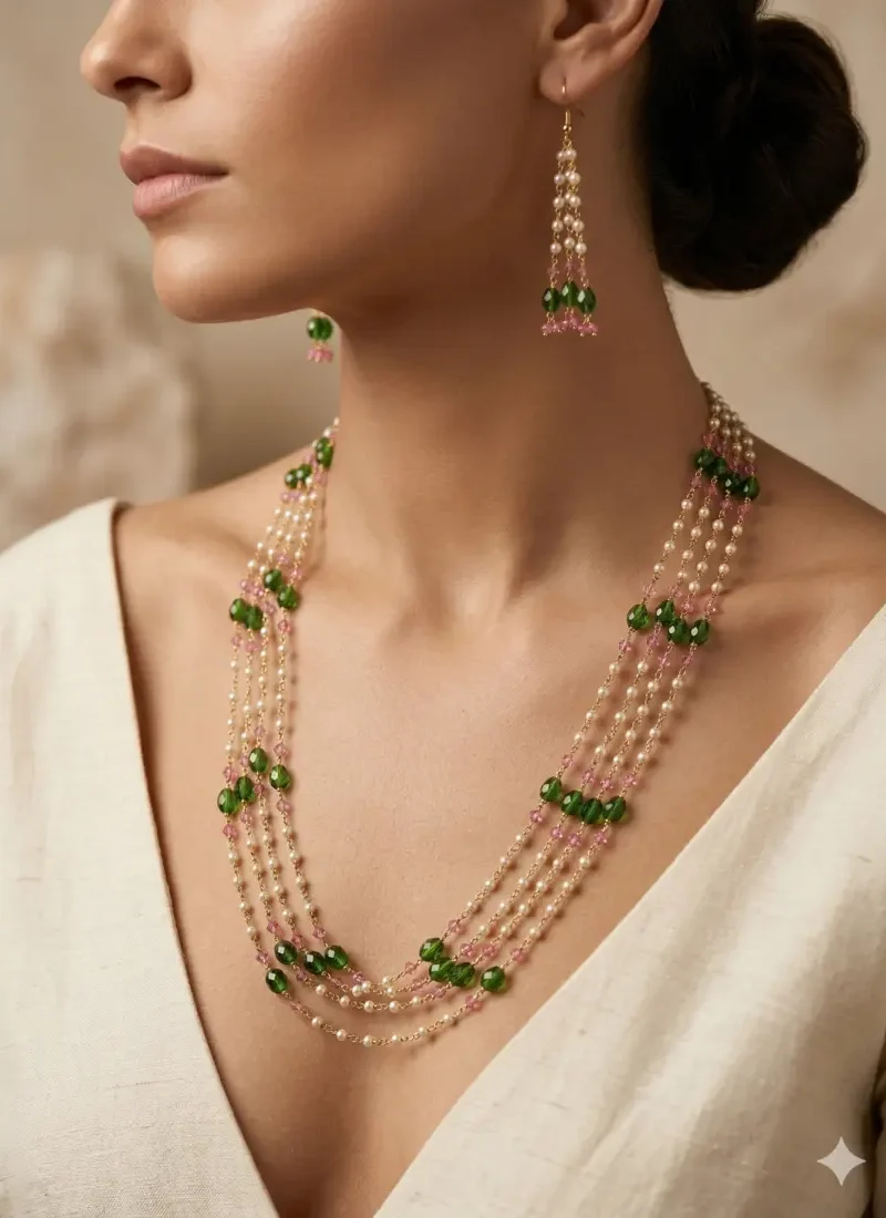 Green & Pink Crystal Shell Pearl Necklace Set in Gold Base with Earrings