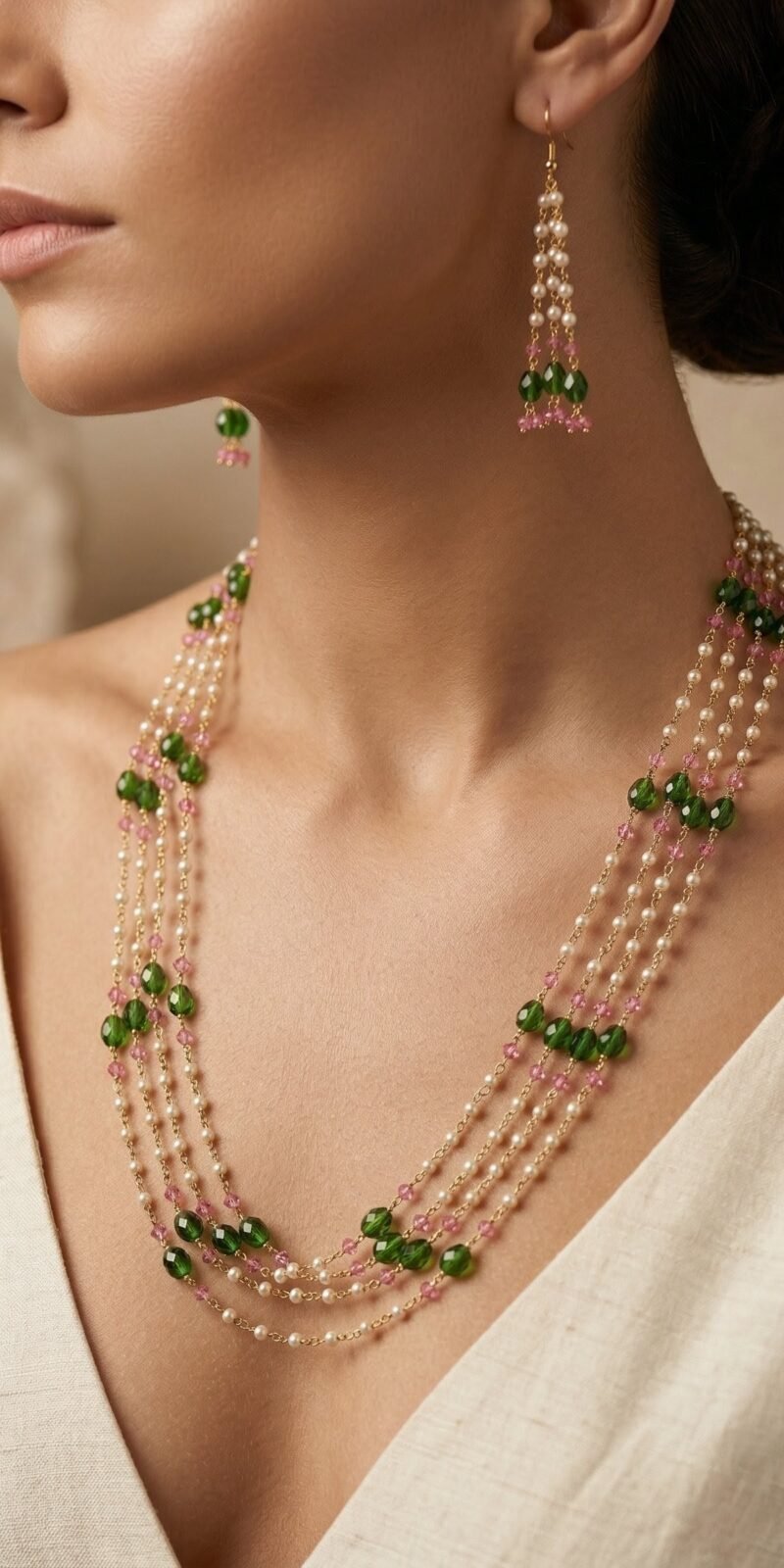 Green & Pink Crystal Shell Pearl Necklace Set in Gold Base with Earrings