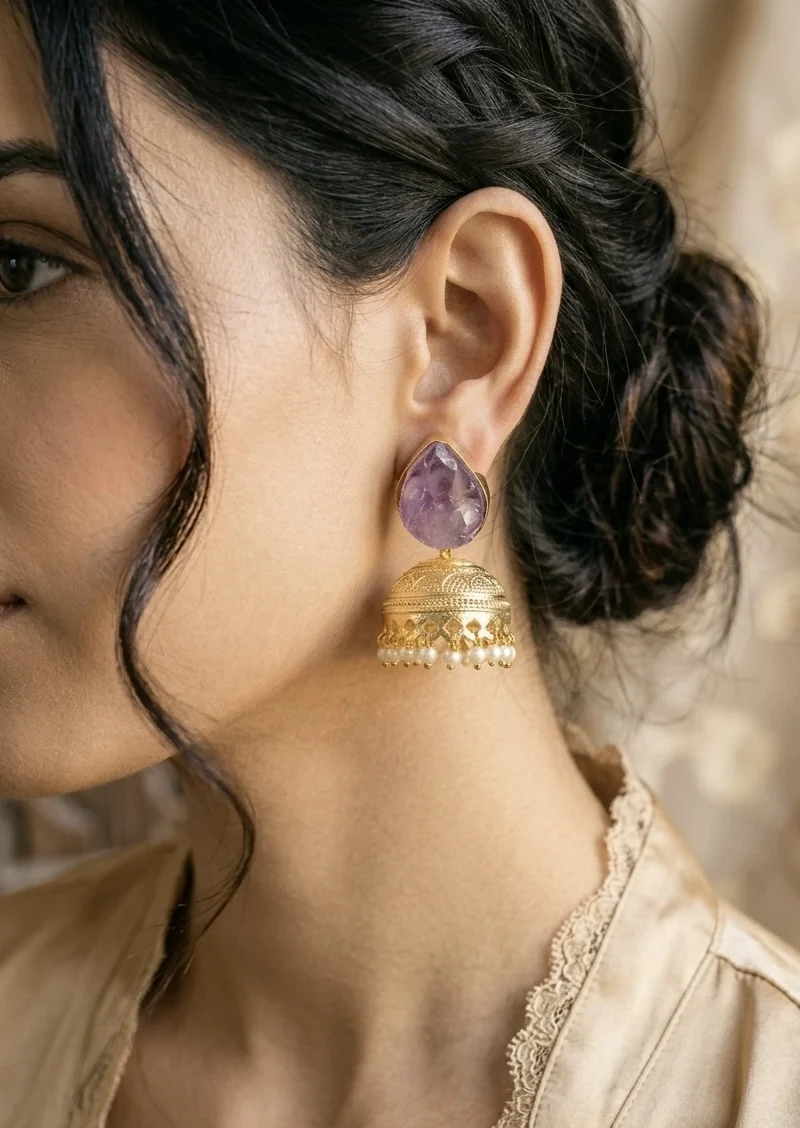 Golden jhumka with raw amethyst stone
