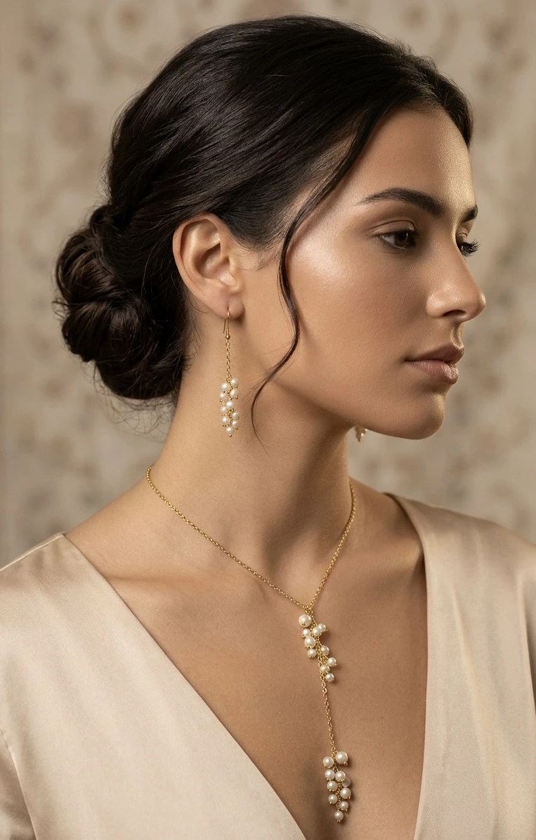 Self-tie long gold plated chain creating an elegant neckline, with shell pearls and matching earrings and bracelet.
