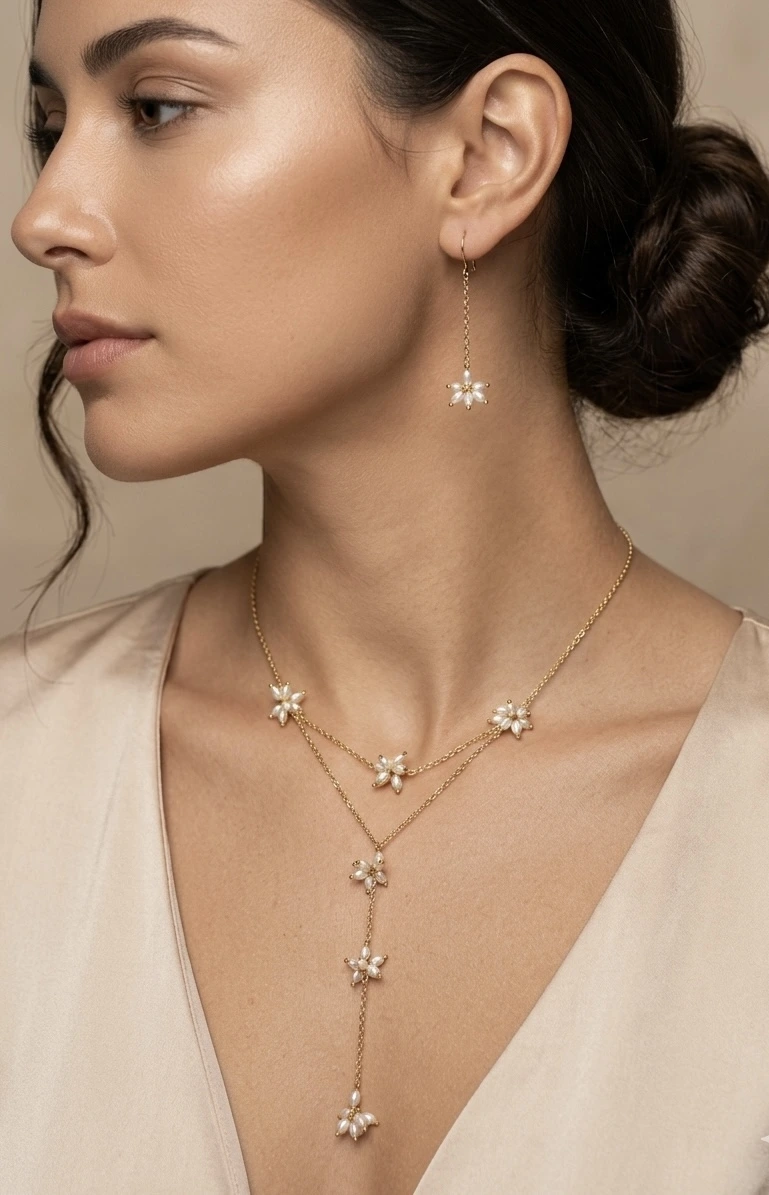 Minimal gold plated chain with shell pearl floral accents and graceful drop detailing
