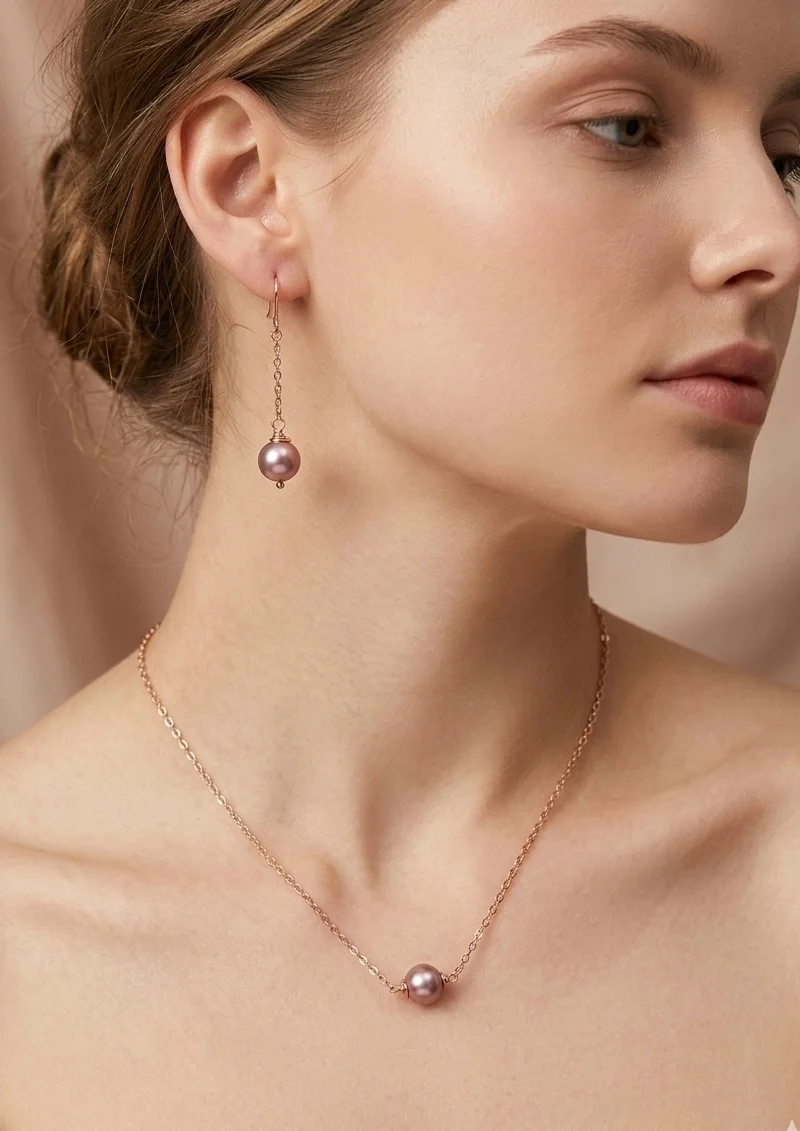 Minimal gold plated chain with single rose gold shell pearl with earrings and bracelet