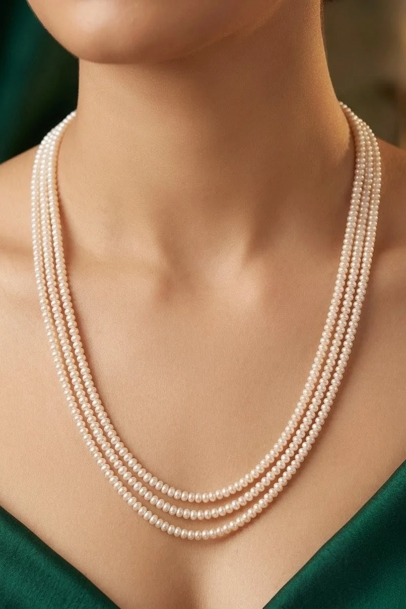 Refined three-layer button shell pearl necklace, designed in a timeless 18-inch length.