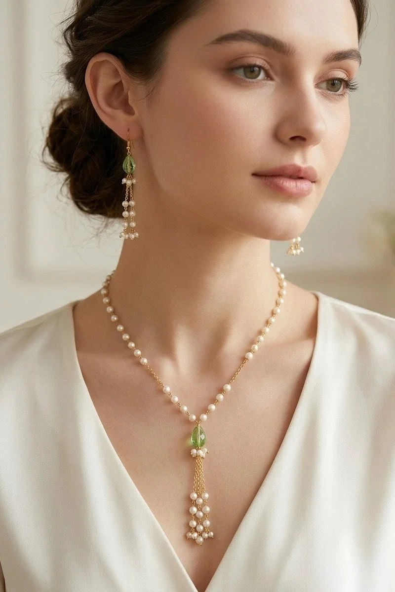 Delicate gold chain adorned with shell pearls and a light green crystal drop, paired with graceful matching earrings.