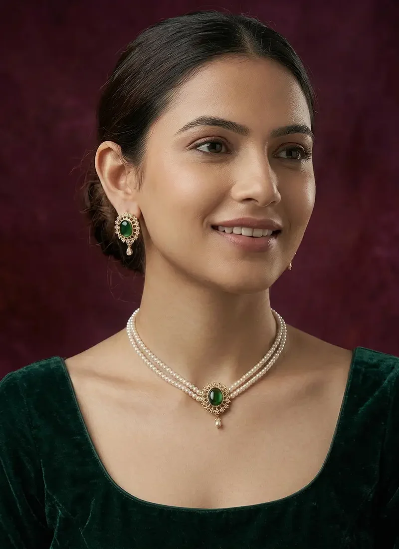 Classic two layer shell pearl with emerald green pendant embellished with zircon stones with matching earrings
