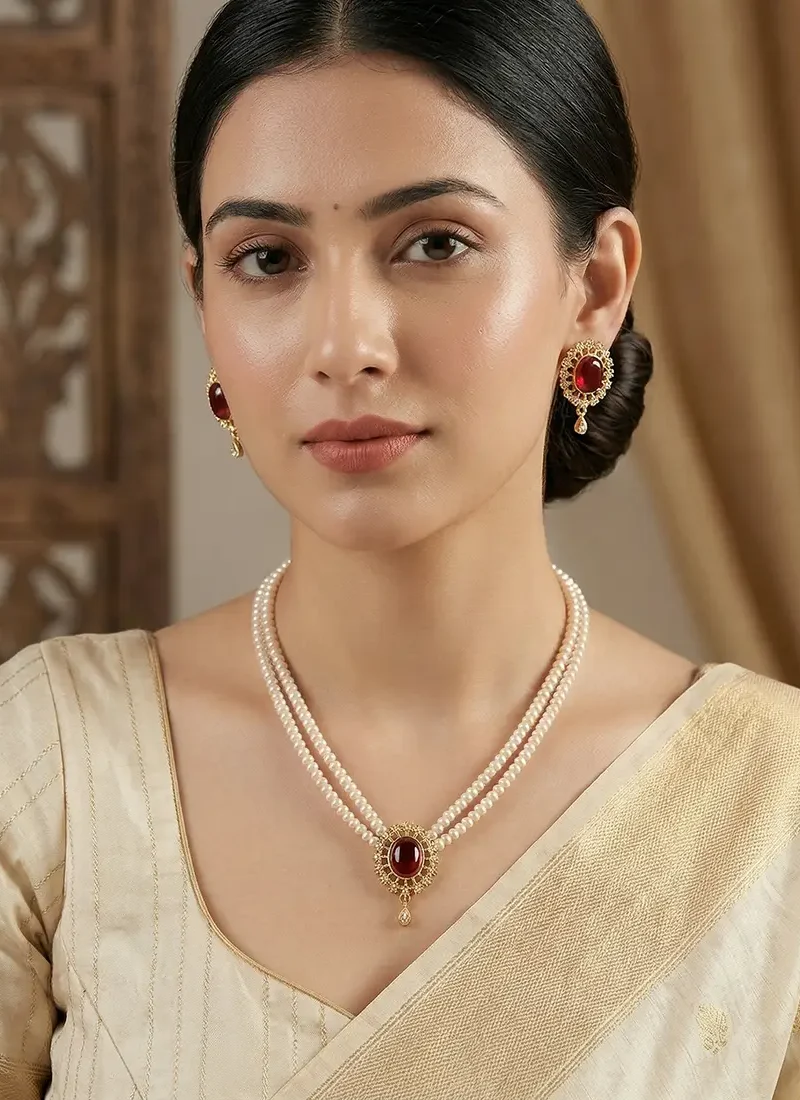 Classic two layer shell pearl with ruby green pendant embellished with zircon stones with matching earrings