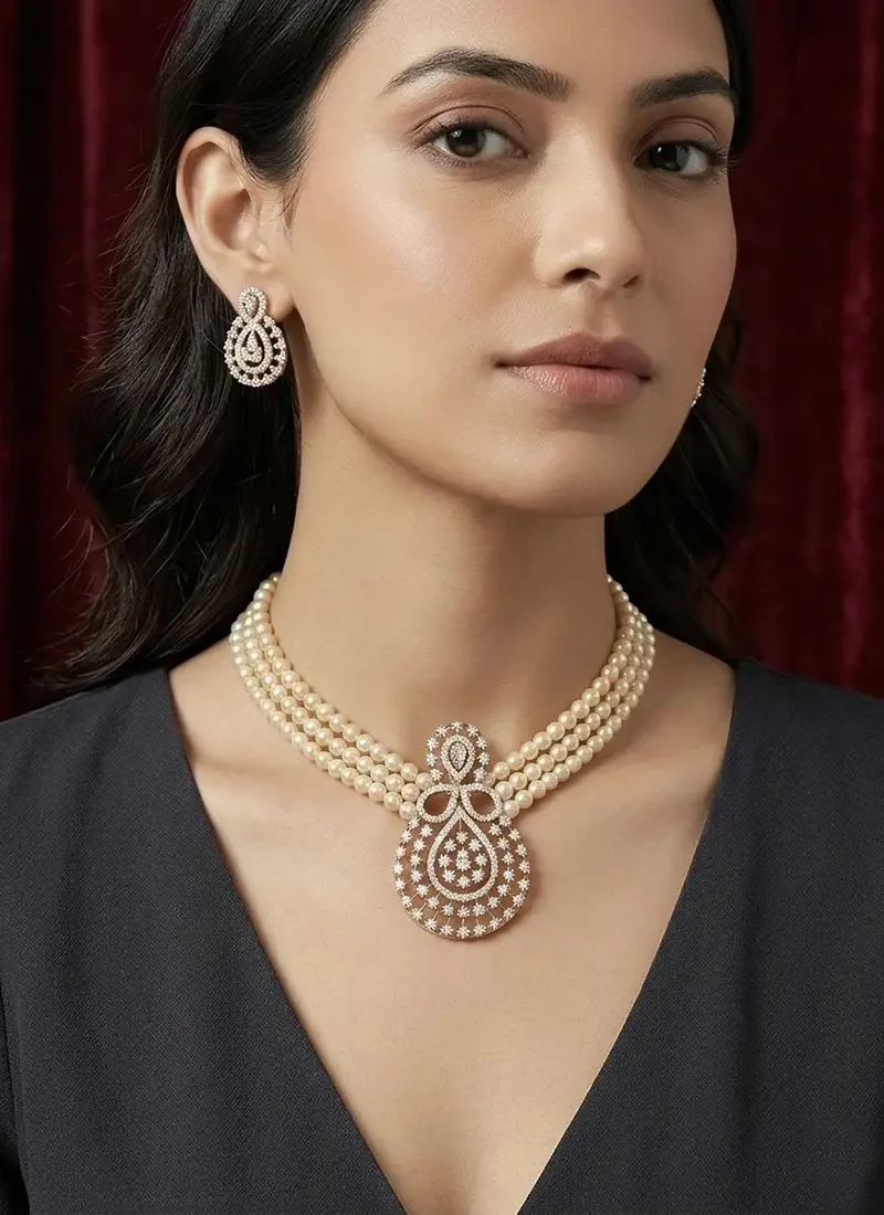 Classic triple-layer shell pearl set highlighted with a zircon stone pendant and matching earrings.