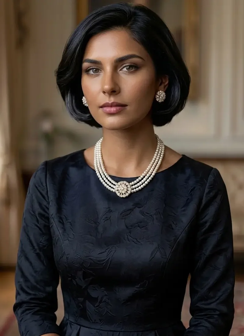 Classic triple-layer shell pearl set highlighted with a zircon stone pendant and matching earrings.