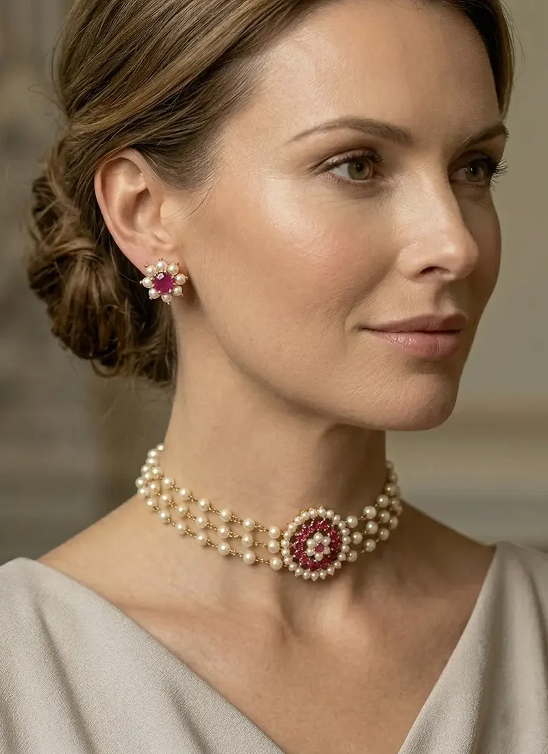 Multi-layer shell pearl choker featuring a ruby color zircon stone pendant with matching earrings.