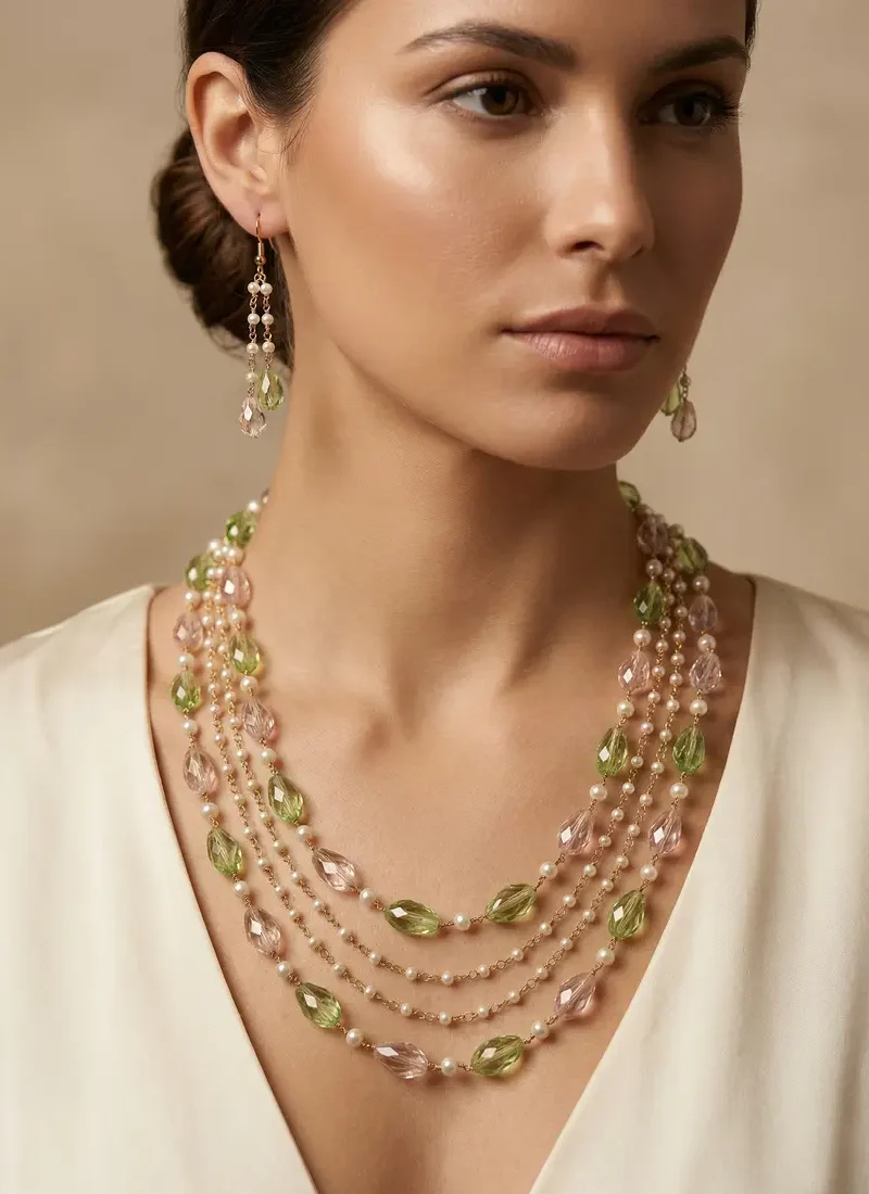 Pink & Green Crystal Necklace with Mother of Pearl Earrings