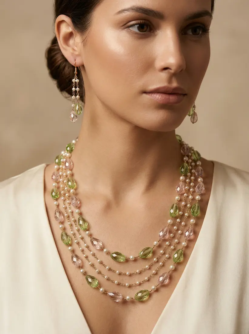 Pink and green crystals + mother of pearl with earring 1250_- 2 nos