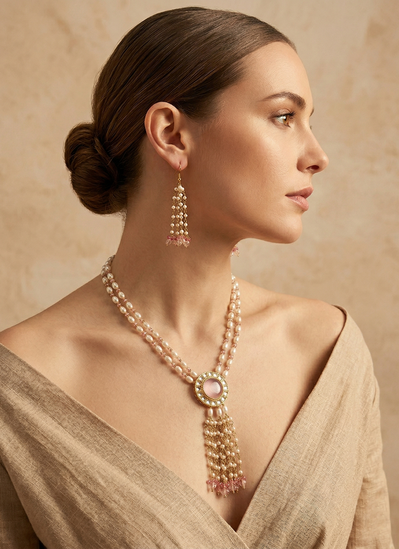 Elegant Pink Monalisa Stone Necklace with Kundan Pendant in Gold Base and Shell Pearl Drop