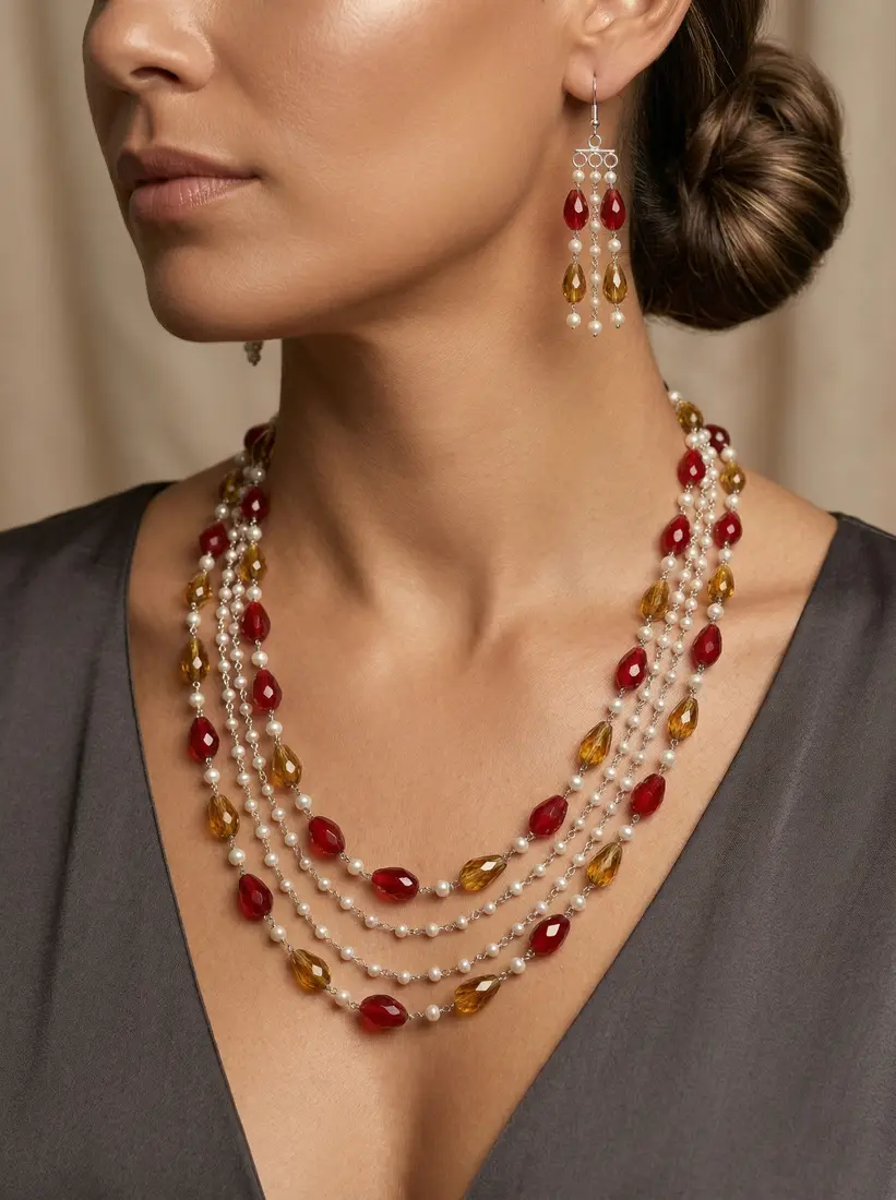 Red and yellow crystals + mother of pearl with earring 1250_- 1 nos