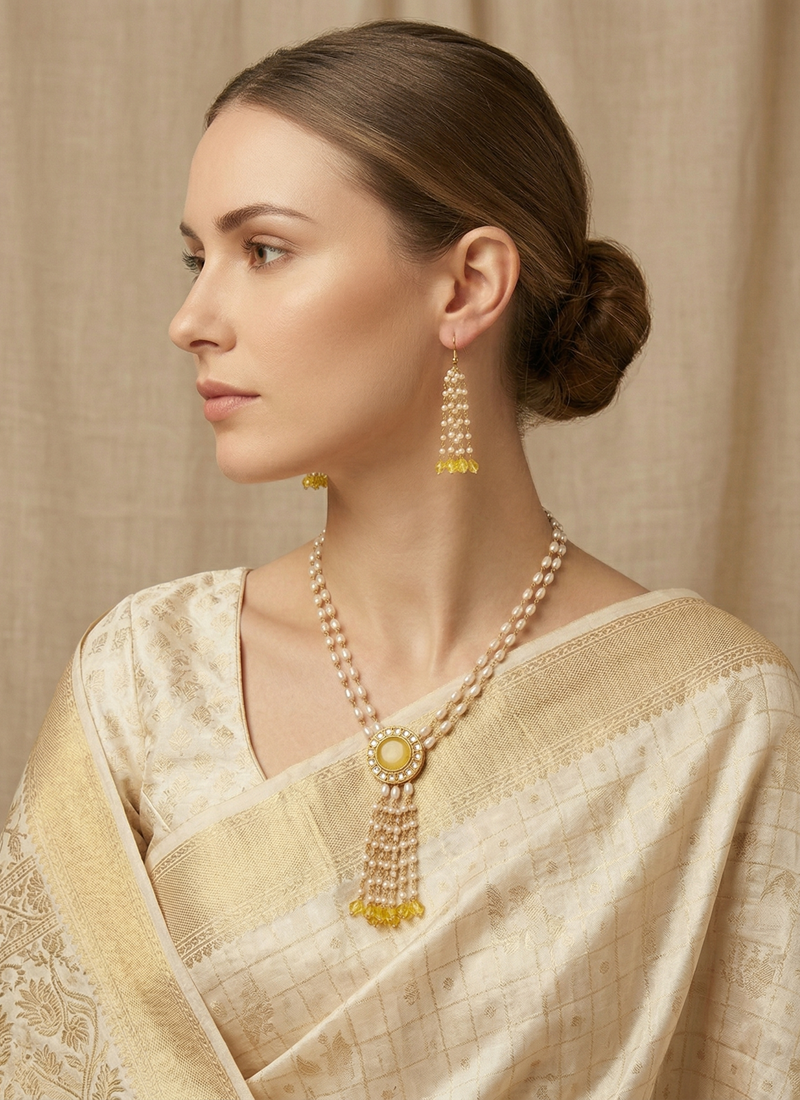 Elegant Yellow Monalisa Stone Necklace with Kundan Pendant in Gold Base and Shell Pearl Drop