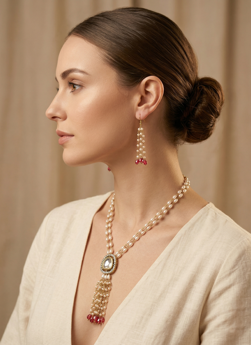 Kundan Pendant Necklace in Gold Base with Shell Pearl and Red Crystal Danglings