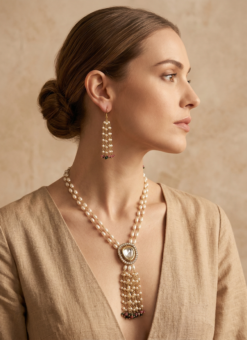 Kundan Pendant Necklace in Gold Base with Shell Pearl, Pink and Green Crystals