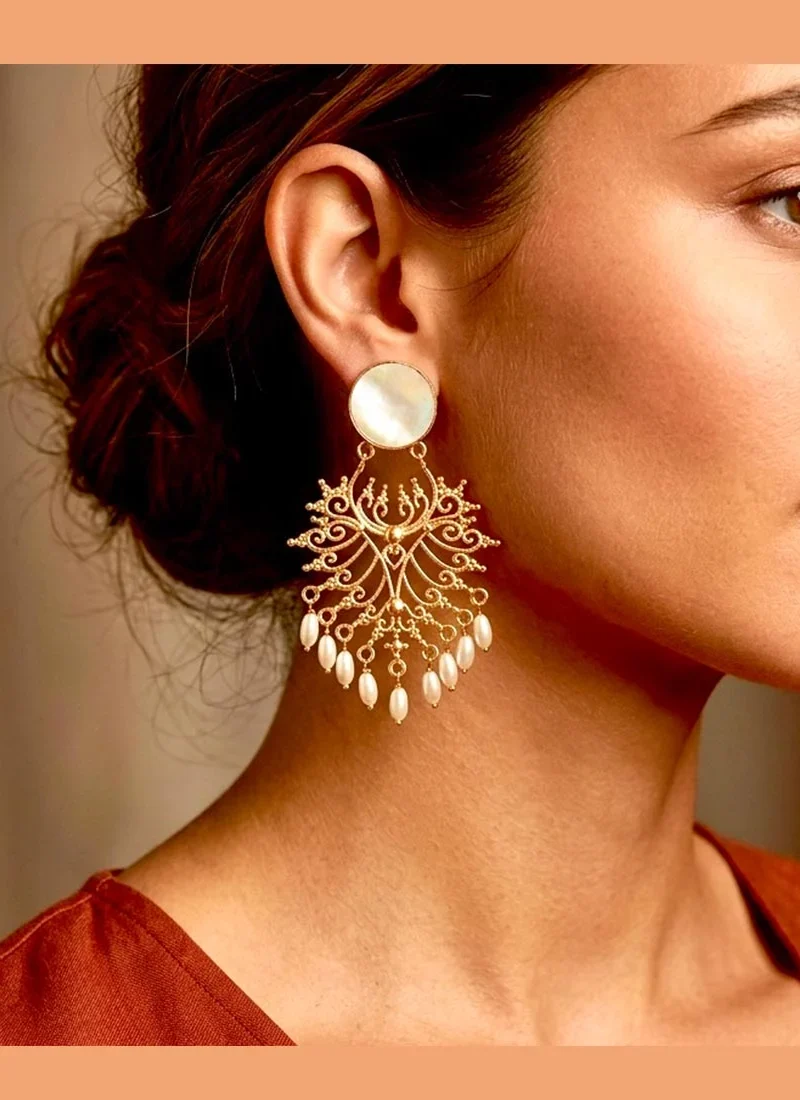 Mother of pearl stud earrings with intricate filigree work and delicate pearl drops