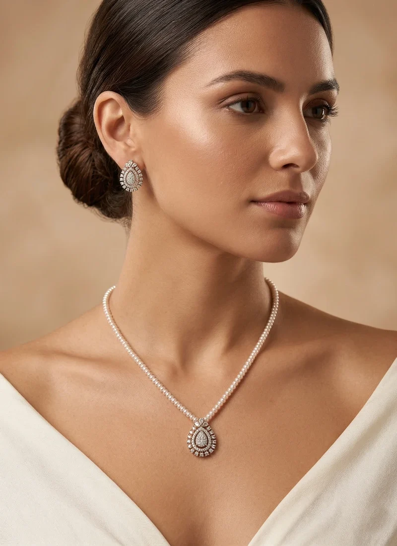 Single layer shell pearl necklace with zircone pendant and earrings