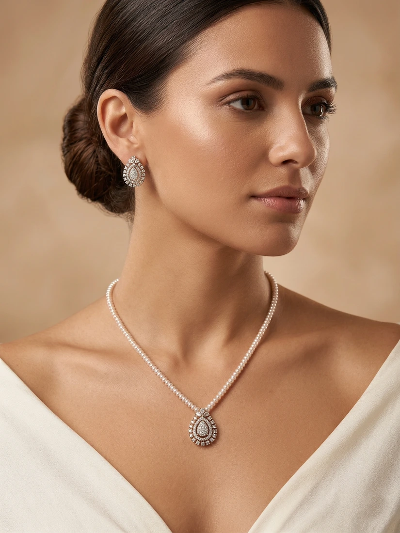 single layer shell pearl with zircone pendant and earrings 650_-