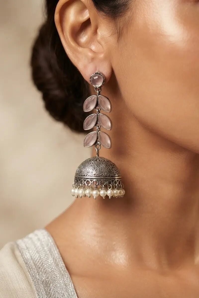 Ahalya Leaf Jhumkas Pink